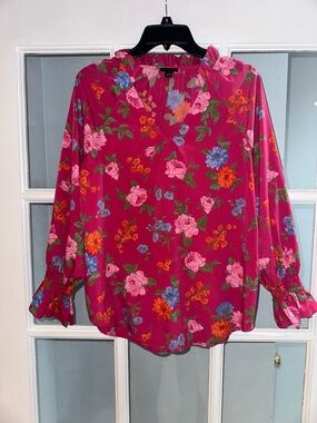 Ann Taylor Women's Pink Multi Collared V-Neck Pullover Camp Tunic Shirt Sz S